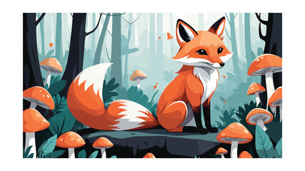 Fox in Enchanted Forest: Whimsical Cartoon Illustration with Vibrant Orange Mushrooms and Soft Blue Background for Children's Books and Storytelling