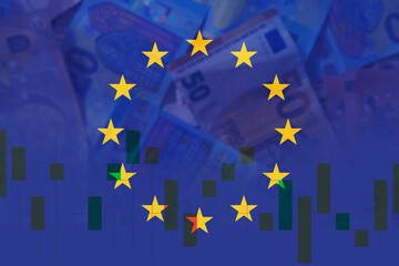 The European Union economy, dynamically depicted with the EU flag, Euro currency, and financial market indicators, reflecting the continent's economic landscape