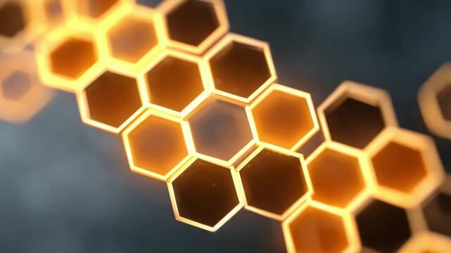 Honeycomb Abstract: Illuminated honeycombs glow with radiant warmth, forming a visually striking abstract pattern in a showcase of nature's design.