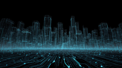 Futuristic Cityscape of Digital Blue Outlines Against a Black Background