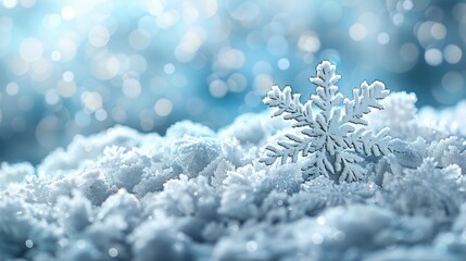 A delicate snowflake rests atop a sparkling pile of crystalline snow with a bokeh light background