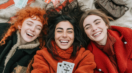 Joyful Gathering of Friends Playing Cards on Blanket Outdoors