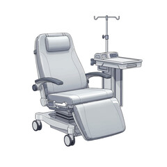 Reclining medical chair with integrated IV pole and side table.