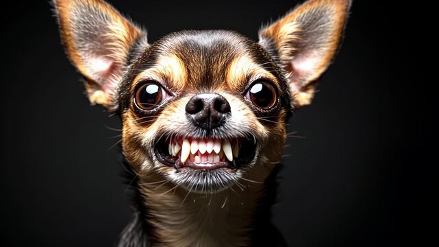 A small aggressive Chihuahua shows its teeth and looks directly at the camera against a dark backdrop