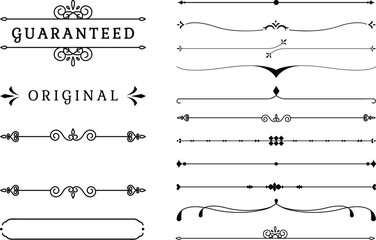 Set of vintage calligraphic design elements: ornate borders, frames, and dividers with swirls, scrolls, and floral flourishes for page decoration