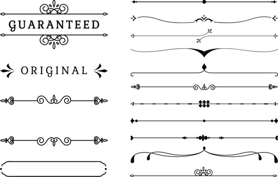 Set of vintage calligraphic design elements: ornate borders, frames, and dividers with swirls, scrolls, and floral flourishes for page decoration
