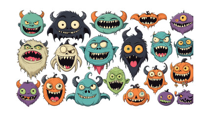 Cartoon Monster Faces for Halloween: Vector Illustration Set of Spooky and Fun Creatures in Various Colors and Shapes with Sharp Teeth
