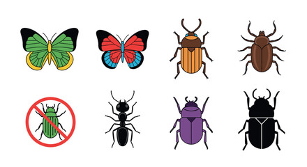 Diverse Insects: A vibrant illustration showcases an array of insects, including colorful butterflies, beetles, and an ant, with a warning symbol.