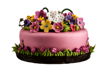 Pink Cake with Flower Decorations Isolated, cut out transparent