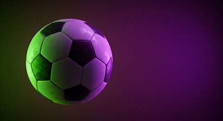 Fototapeta premium A soccer ball illuminated with vibrant green and purple lighting against a dark background.