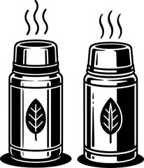 Black and white vector illustration of an insulated drink bottle with steam and leaf label, vertical travel container in minimal outline style on a white background