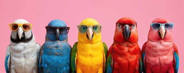 Five colorful parrots wear sunglasses on pink background. Parrot vibrant feathers in blue, green, yellow, pink colors. Parrots pose, creating lively, playful scene with bright, fun, eye-catching