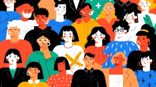 Diverse group of illustrated people with different skin tones and outfits
