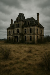 Naklejka premium Abandoned Historic Mansion in a Peach Field
