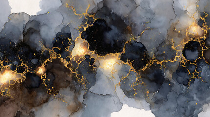 Abstract Ink Art: Grey, Black, and Gold Swirls