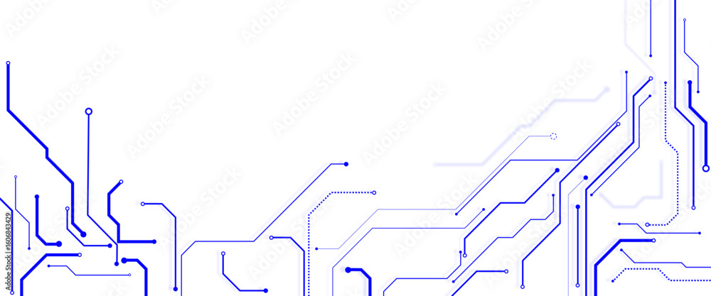 Poster vector blue digital circuit lines with dots on a white background. abstract modern digital science t