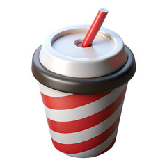 3d icon of a red and white striped soda cup with a straw isolated on transparent background