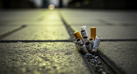 Burnt Cigarette Butts in Stone Crack on Ground Anti-smoking