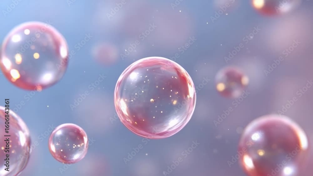 Poster floating bubbles: transparent spheres gently drift, illuminated with a soft glow, creating a dreamy 