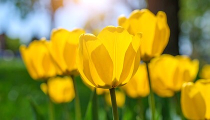 Bright yellow tulips in a garden