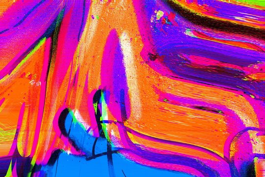 Vibrant abstract brushstrokes in fluorescent orange, pink, blue. 80s style, glitch art, trippy distortion. Digital art, backgrounds, creative visuals.