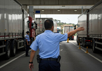 Traffic control at a busy freight check point as trucks wait for inspection in the early morning