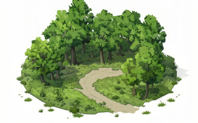 Trees, path in isometric forest, white background, clear illustration. Bold style enhances game art charm.