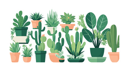 Obraz premium Collection of Potted Plants: Cacti, Succulents, and Green Foliage Vector Illustration for Home Decor and Design Projects