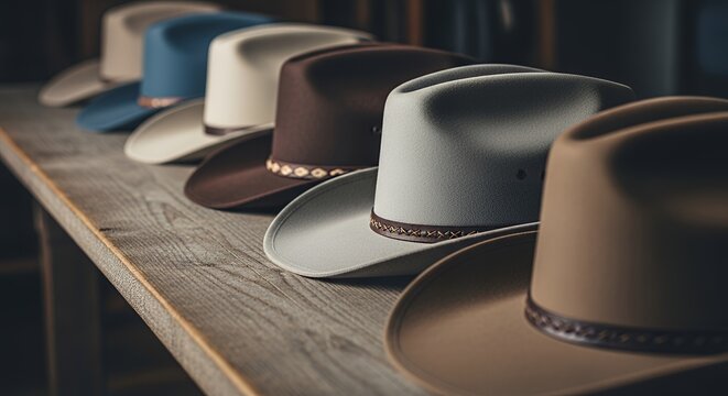 Stylish Felt Hats in Row on Rustic Wooden Shelf in Soft Lighting