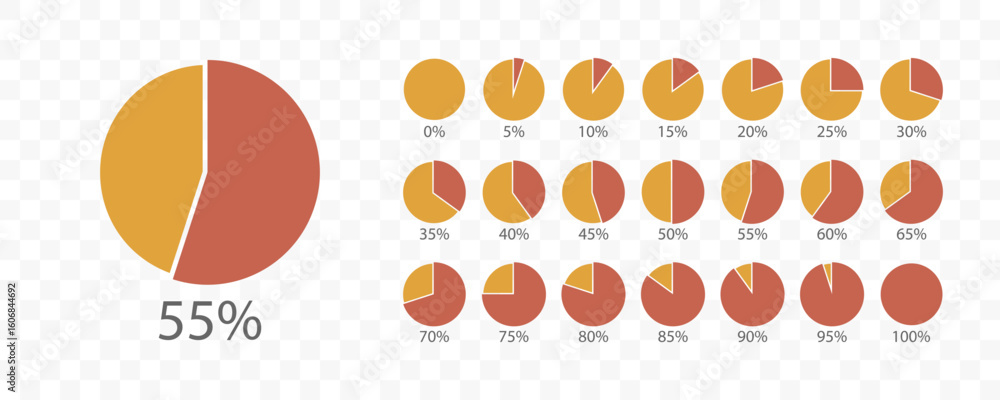 Poster vector pie chart set with percentage segments from0 to 100 percent. circle diagram isolated on trans