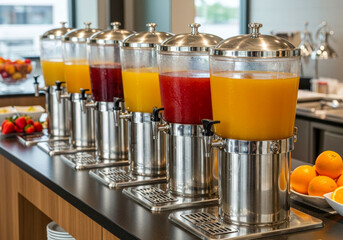 Colorful beverage station with fresh juices at a modern event venue showcasing various flavors and fruits