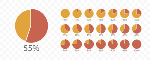 Vector pie chart set with percentage segments from0 to 100 percent. Circle diagram isolated on transparent grid. Ideal for infographic, business report, presentation, data visualization, education