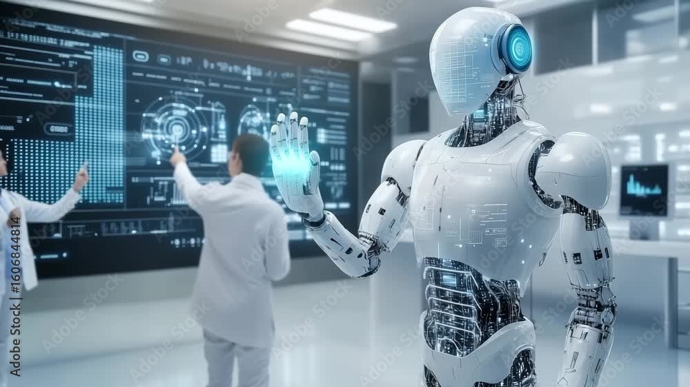 Aufkleber white humanoid robot engages with researchers while displaying data in a modern laboratory, showcasi