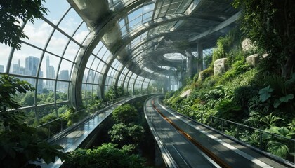 Futuristic landscape with curved black train track winding through urban landscape. Modern tech meets natural elements. Verdant trees contrast with dark metallic tracks. Tall buildings, skyscraper