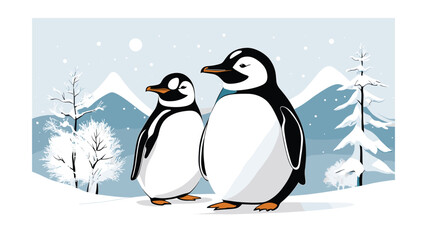 Two Penguins in a Snowy Landscape: Winter Scene with Antarctic Birds, Snowy Mountains, and Evergreen Trees for Children's Books and Holiday Illustrations