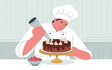 Flat vector illustration of a pastry chef decorating a chocolate cake with frosting