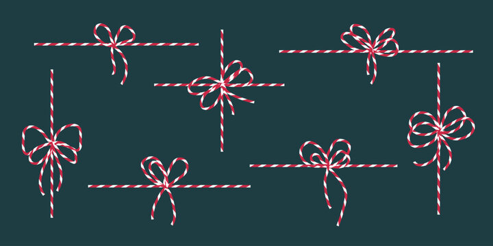 Vector bow and ribbon set. Red white striped String with knots and loops. linear bows with crossing rope lines. Christmas holiday gift box package element. Great for card, banner, seasonal ads