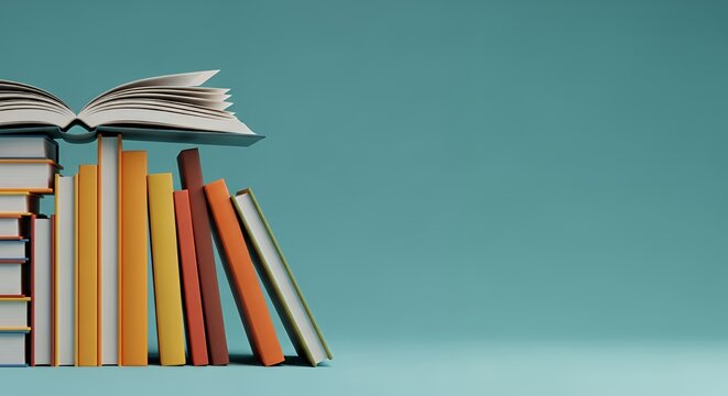 Colorful Books Stacked with Open Book on Teal Background
