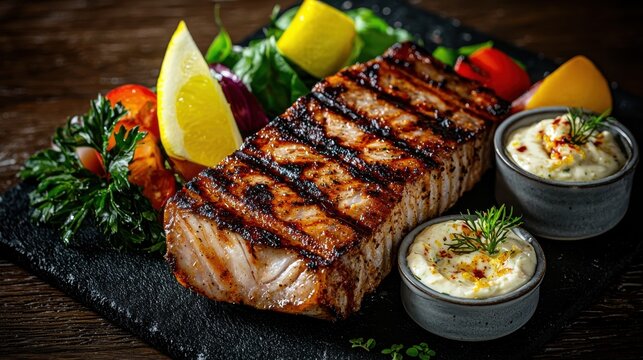 Premium wahoo steak expertly grilled displaying cross-hatch marks on elegant slate board with fresh garnishes and creamy sauce