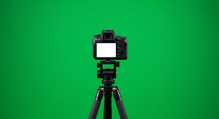 A digital camera mounted on a tripod, positioned against a solid green background, ready for video recording.