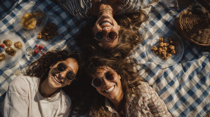 Top Down View of Friends Enjoying Snacks on Picnic Blanket