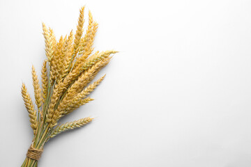 Bunch of wheat spikes on white background, top view. Space for text
