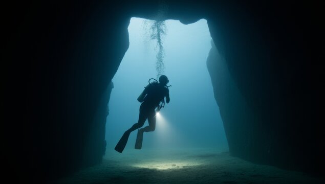 Underwater cave exploration silhouette