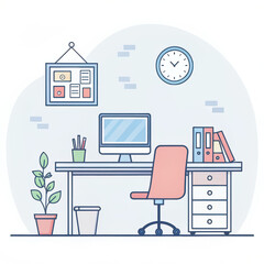 Flat Vector Office Scene Workspace with Computer and Desk