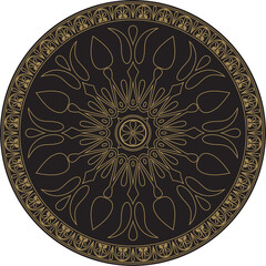 Vector gold with black classic Greek round ornament. Circle of Ancient Greece and the Roman Empire. Byzantine painting of walls, floors and ceilings. Decoration of European palaces.

