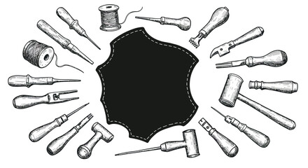 Handcrafted leatherworking tools in vintage style with blank leather piece