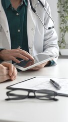 Doctor man in lab coat over a green shirt, and stethoscope is using tablet while consulting patient...