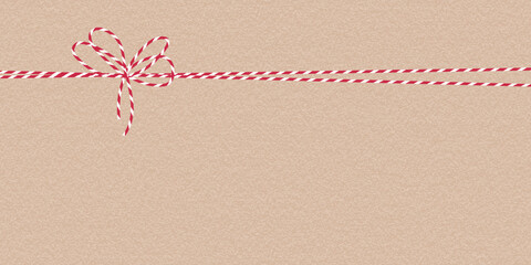 Modern craft Christmas background. Minimal Xmas New Year gift wrap textured background with red white rope bow. Template for web ads, banner, packaging, card, invitation, poster, holiday promotion