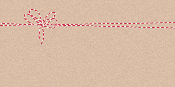 Modern craft Christmas background. Minimal Xmas New Year gift wrap textured background with red white rope bow. Template for web ads, banner, packaging, card, invitation, poster, holiday promotion