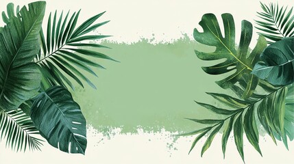 Minimalist Light Green Banner with Watercolor Jungle Leaves, Central Text Space and White Border for Branding